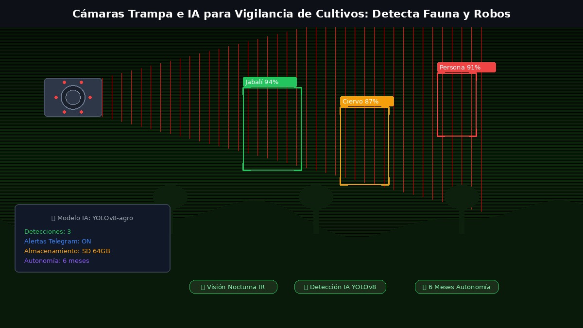 Cámara trampa con visión nocturna infrarroja y detección IA YOLOv8 identificando fauna en cultivos