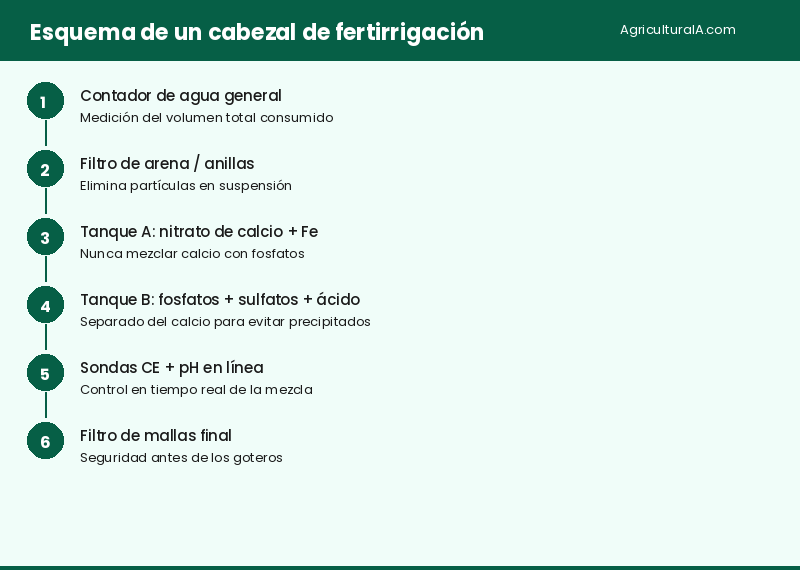 Infografía: esquema de cabezal de fertirrigación — AgriculturaIA.com