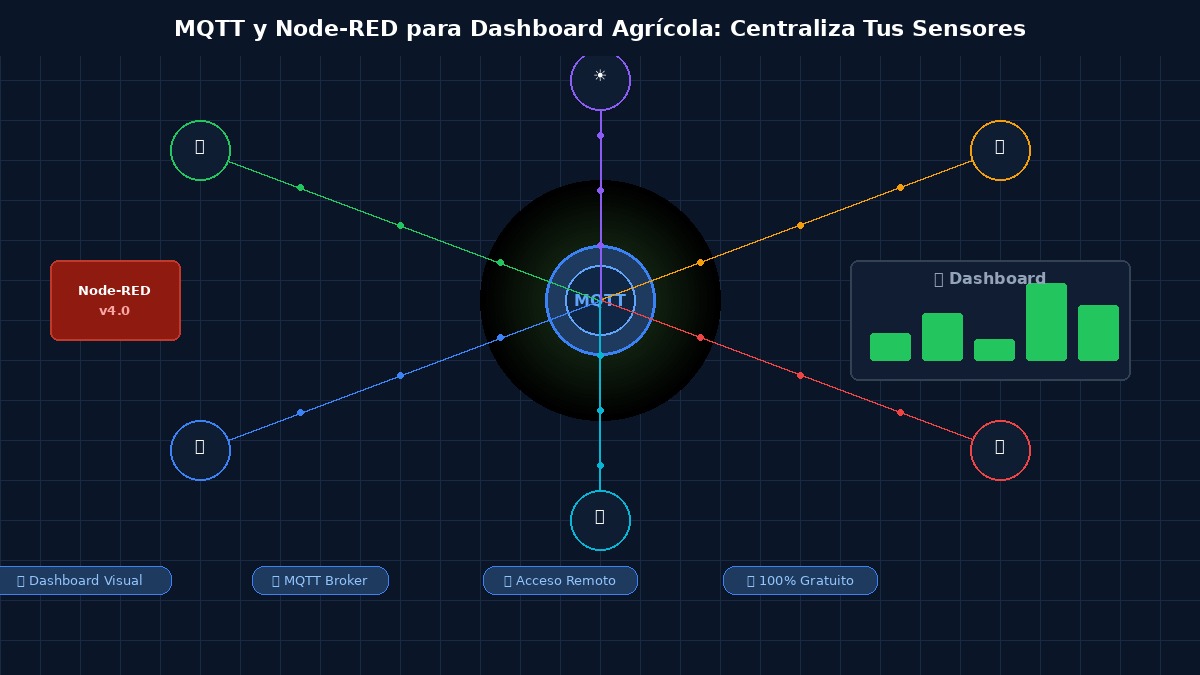 Dashboard agrícola MQTT y Node-RED centralizando sensores ESP32 de temperatura humedad y lluvia