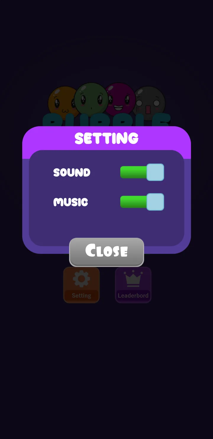Panel de ajustes de Bubble Merge con controles de sonido y música
