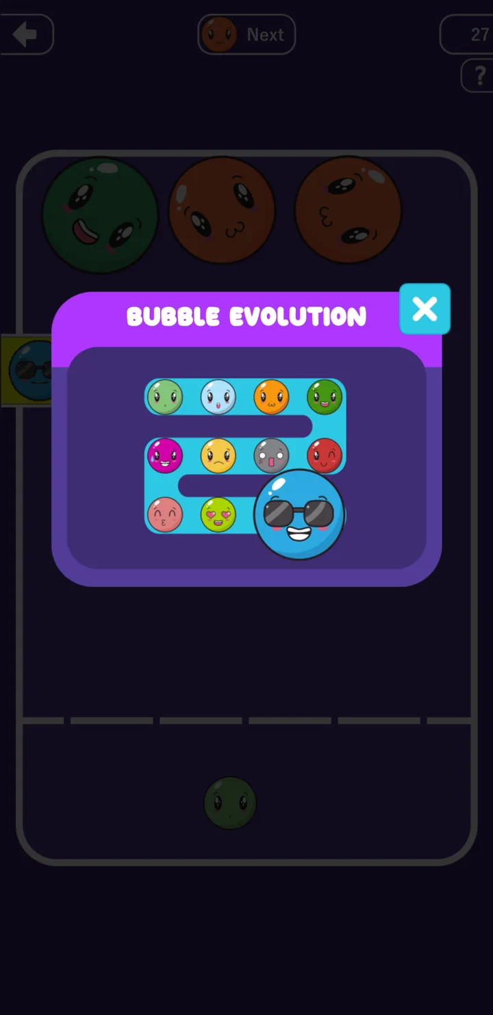 Panel Bubble Evolution de Bubble Merge con la secuencia de once tipos de burbujas