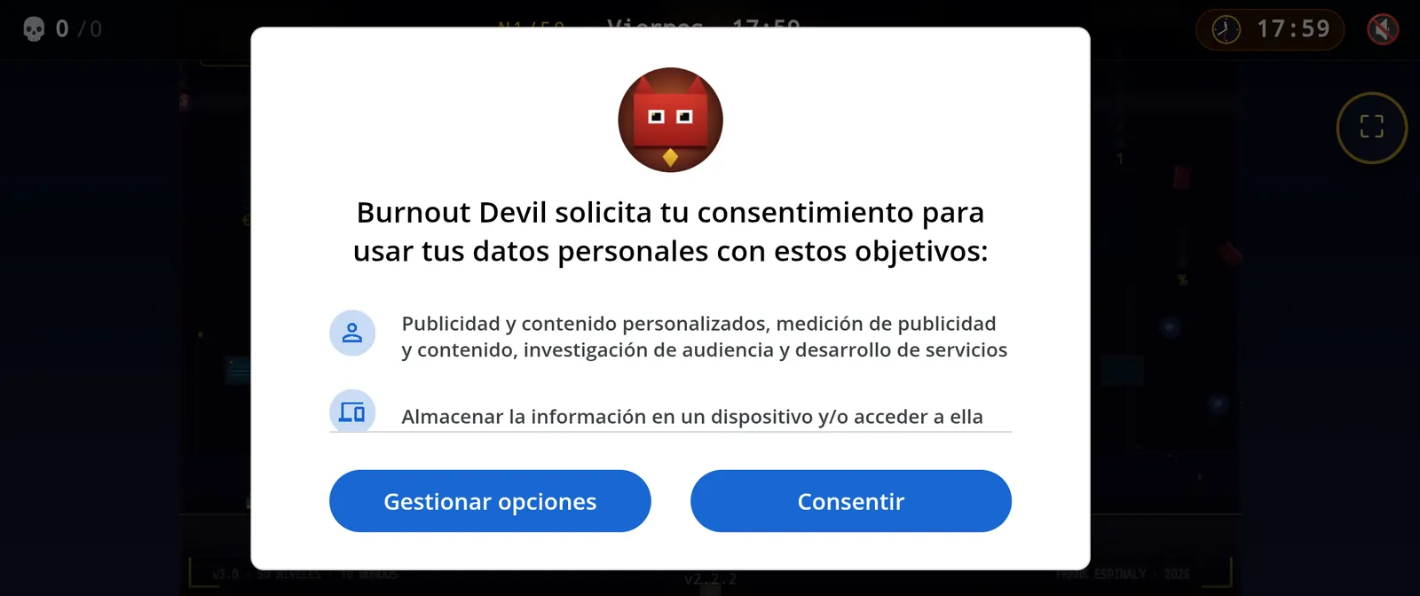 Pantalla de consentimiento de Burnout Devil con opciones para gestionar o aceptar datos