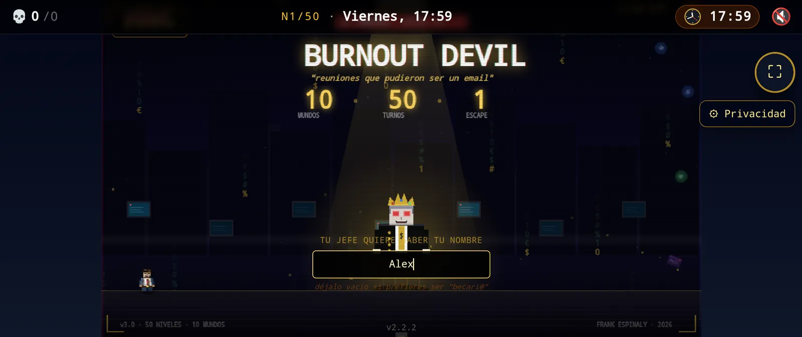 Pantalla inicial de Burnout Devil con 10 mundos, 50 niveles y el nombre ficticio Alex