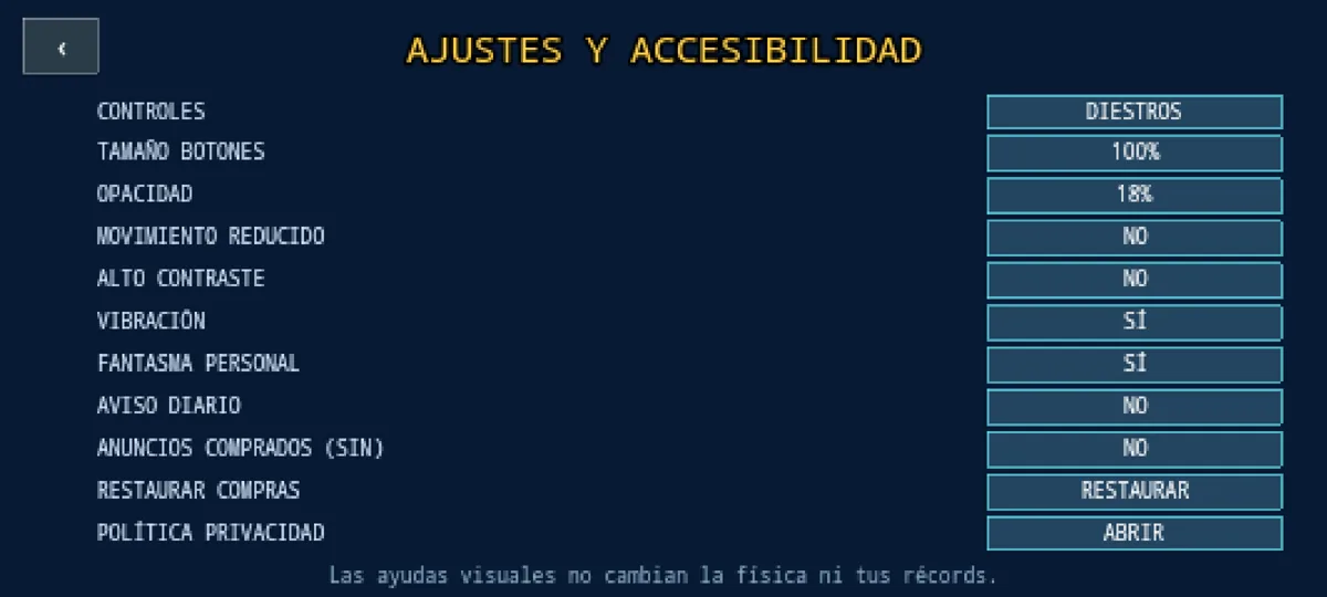 Ajustes de Cat Wow para controles, tamaño, opacidad, movimiento reducido, alto contraste, vibración y fantasma
