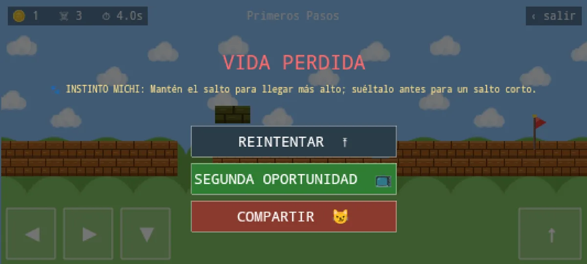 Pantalla de derrota de Cat Wow con la pista Instinto Michi sobre saltos largos y cortos