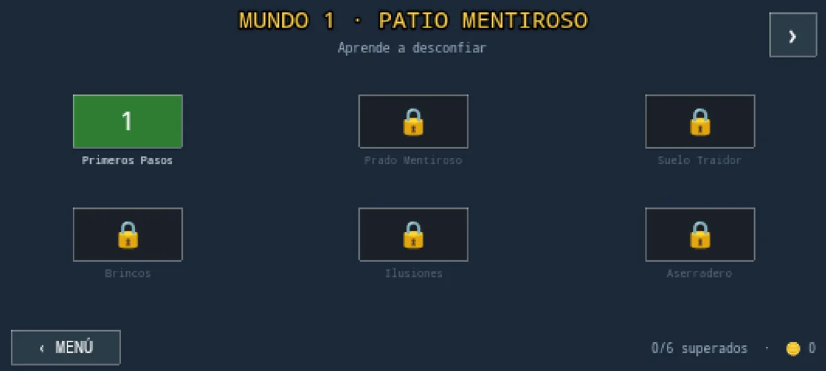 Selector del Mundo 1 Patio Mentiroso de Cat Wow con seis niveles y Primeros Pasos disponible