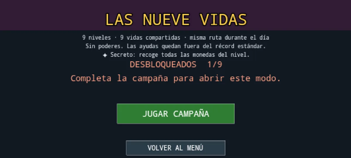 Pantalla de Las Nueve Vidas de Cat Wow con nueve niveles, nueve vidas y requisito de completar la campaña