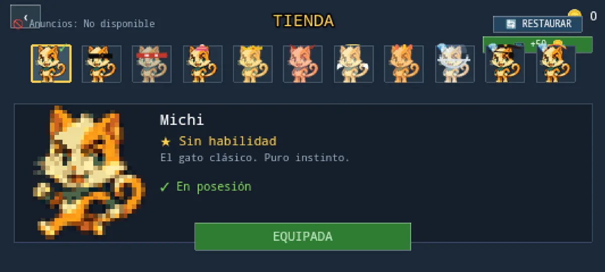 Tienda de Cat Wow con Michi y una fila de personajes desbloqueables