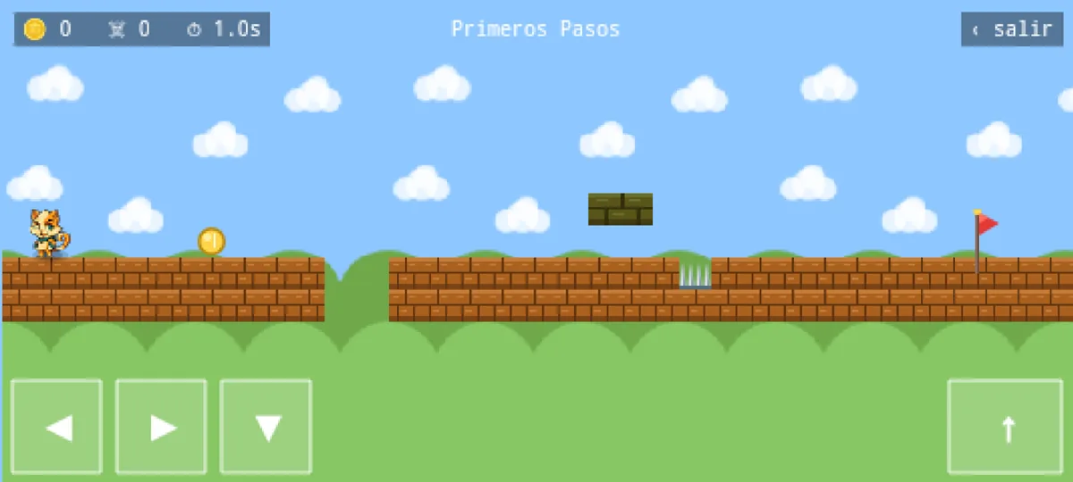 Nivel Primeros Pasos de Cat Wow con botones de dirección, salto, monedas, trampas y bandera