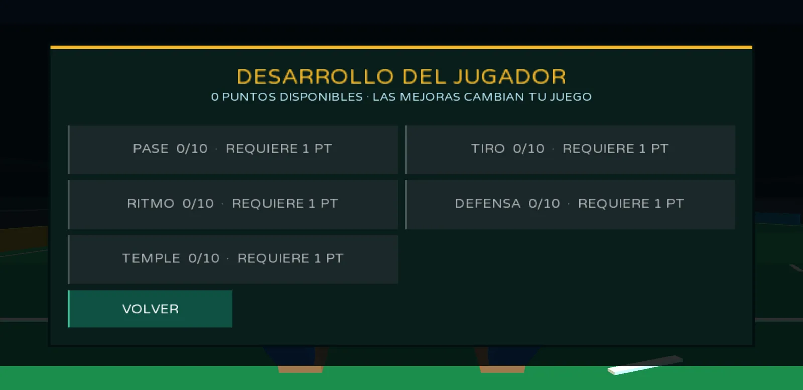Desarrollo del jugador en Barrio XI con mejoras de pase, tiro, ritmo, defensa y temple