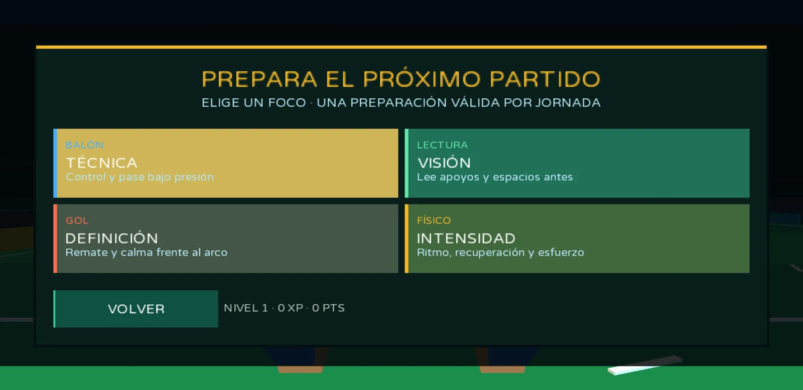 Pantalla de entrenamiento de Barrio XI con técnica, visión, definición e intensidad