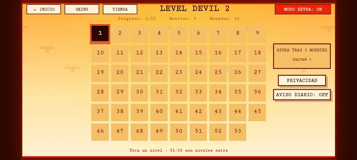 Selector de Level Devil 2 con 53 niveles, progreso, muertes, monedas y modo extra