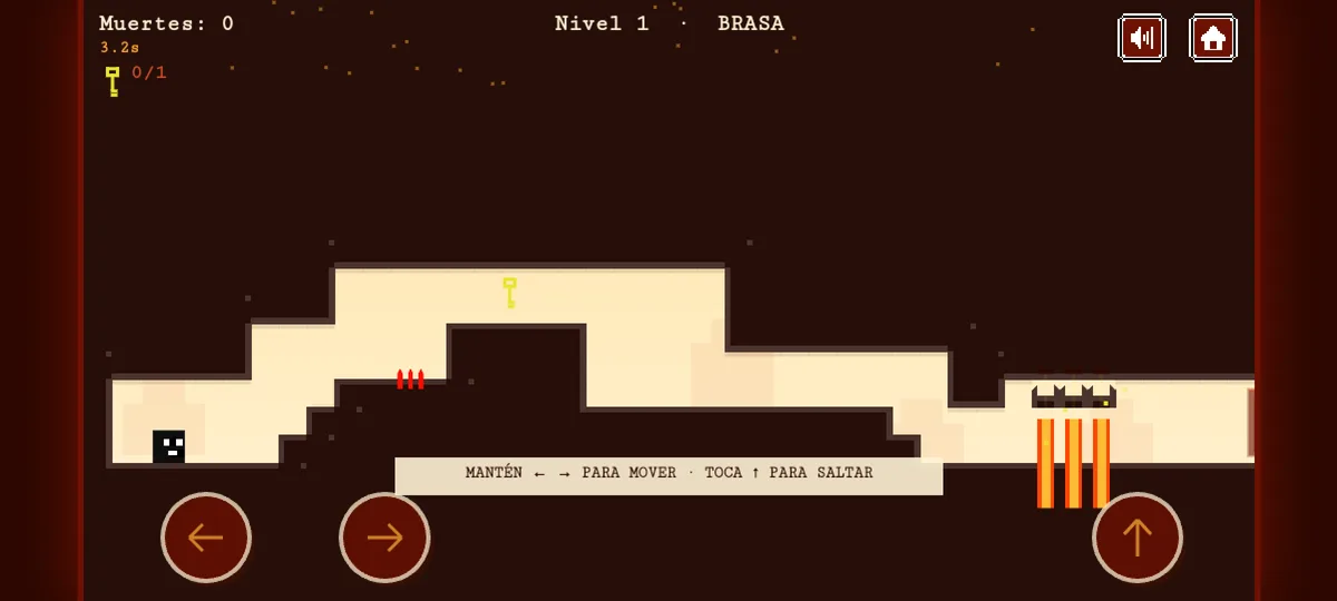 Tutorial del nivel 1 Brasa de Level Devil 2 con controles táctiles de movimiento y salto