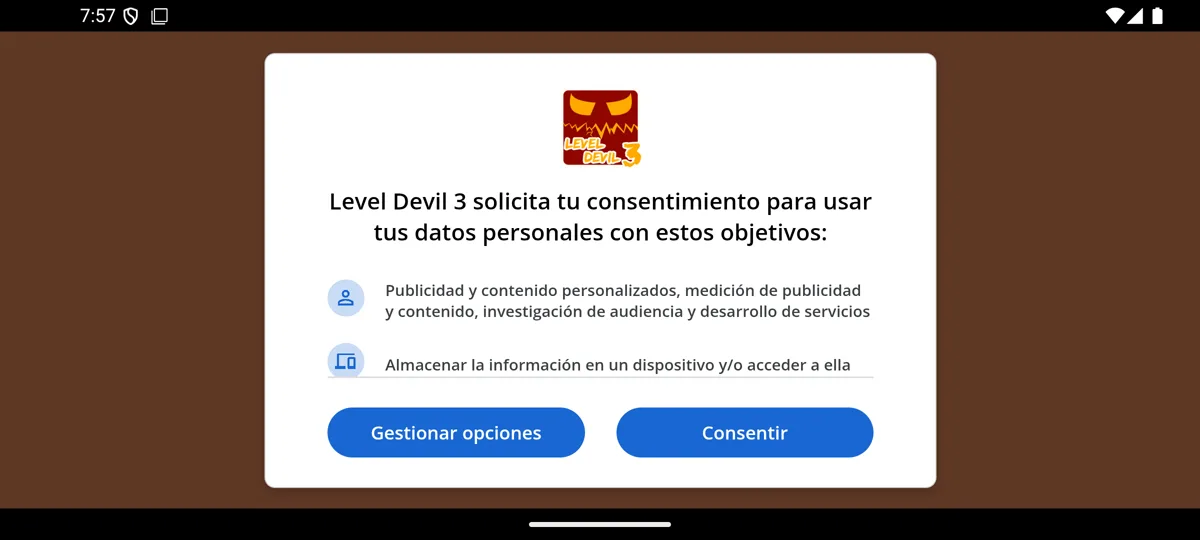 Pantalla de consentimiento de Level Devil 3 con opciones para gestionar datos o consentir