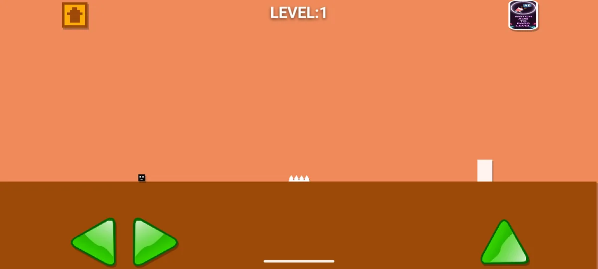 Nivel 1 de Level Devil 3 con flechas de movimiento, botón de salto, pinchos y puerta