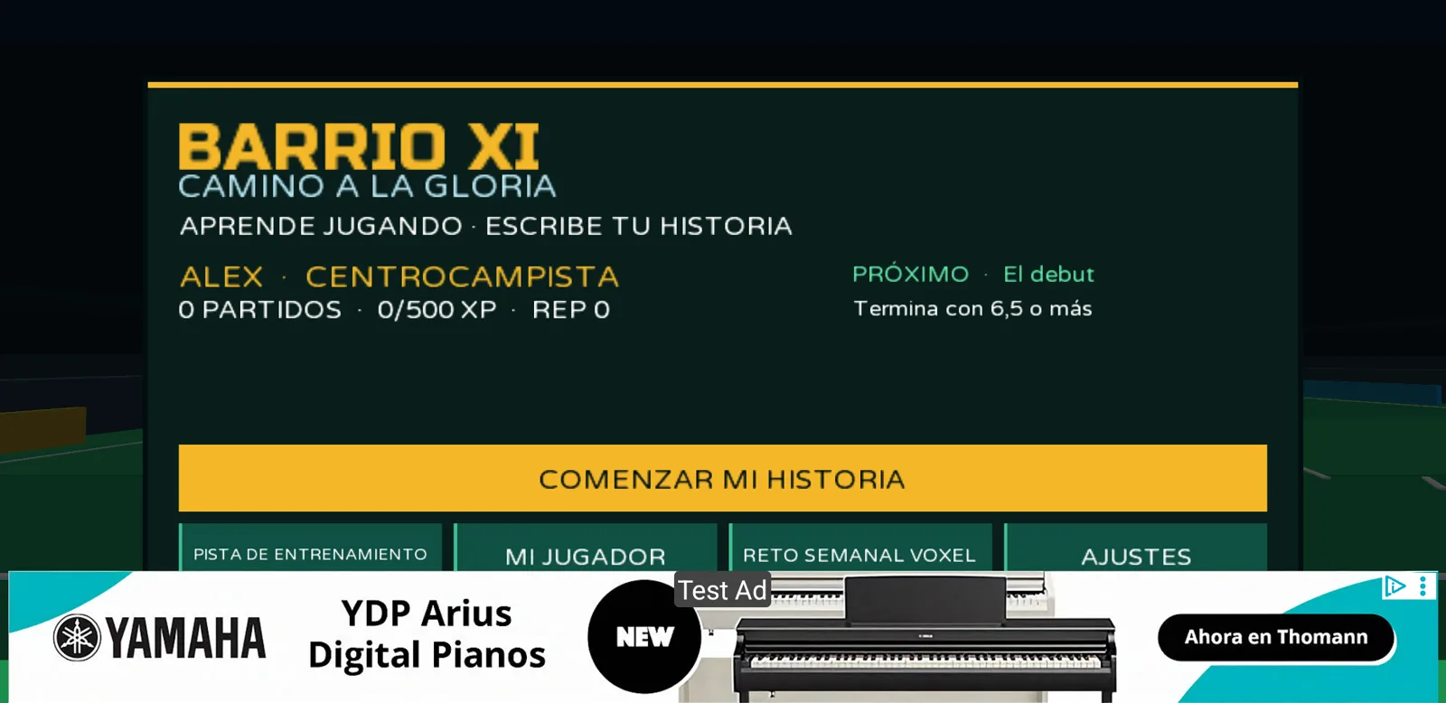 Menú de carrera de Barrio XI con el jugador Alex, el próximo partido y accesos a entrenamiento, mejoras y ajustes