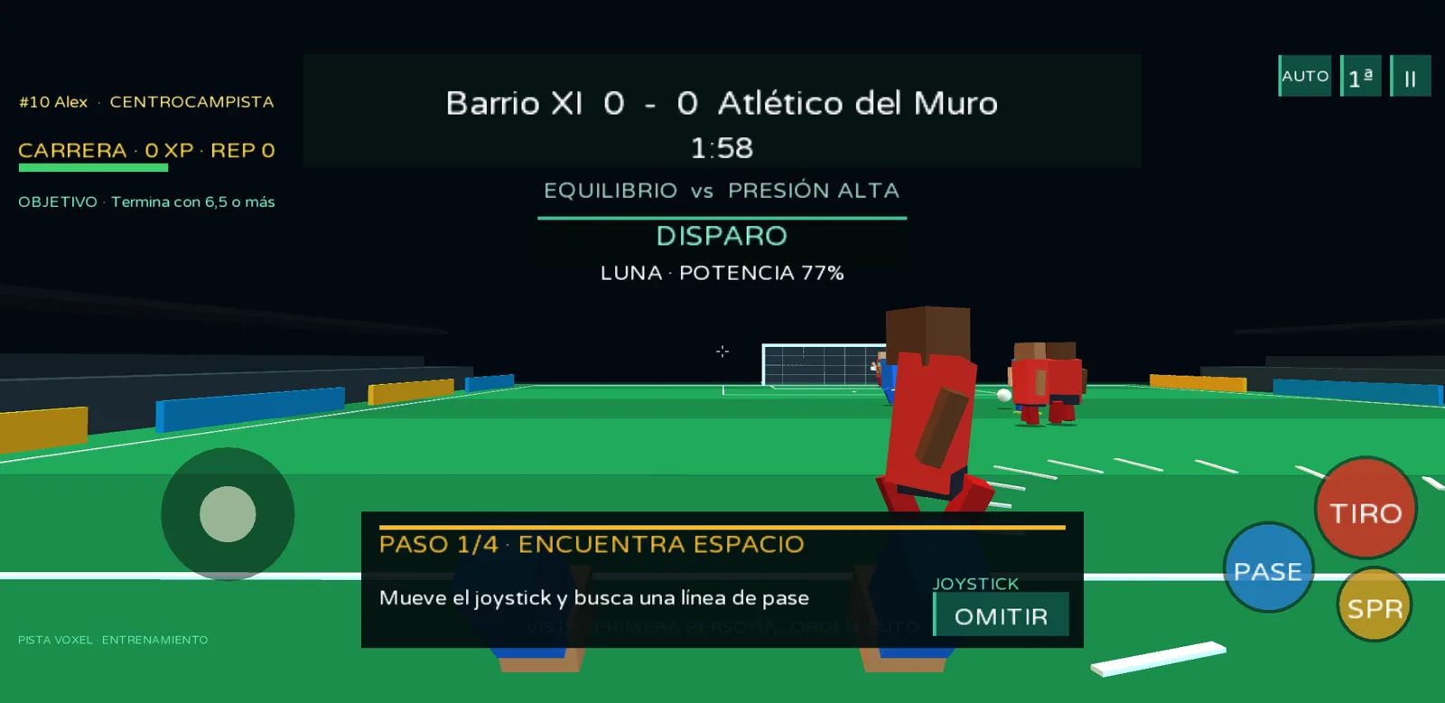 Partido 3D de Barrio XI con joystick, botones de pase, tiro y sprint, marcador y objetivo de carrera