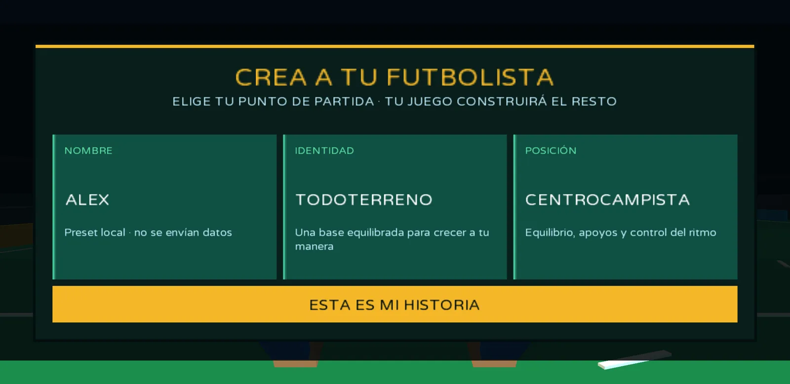 Pantalla para crear un futbolista en Barrio XI con nombre, identidad y posición